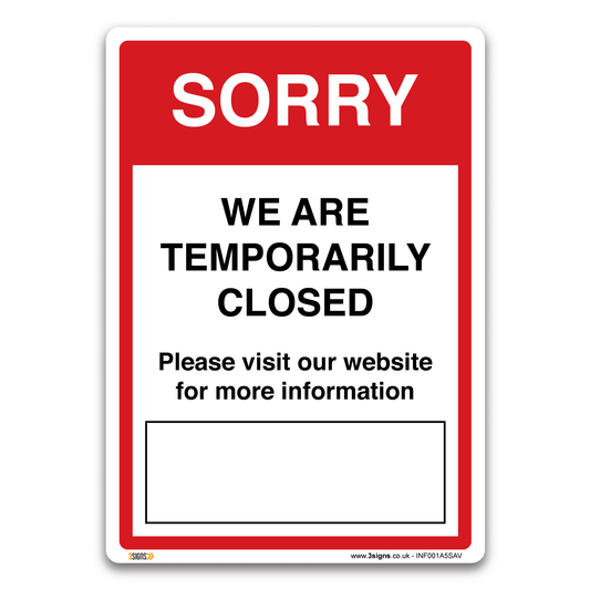 Sorry we are temporarily closed sign, Health and Safety Hygiene Virus Risk Sign